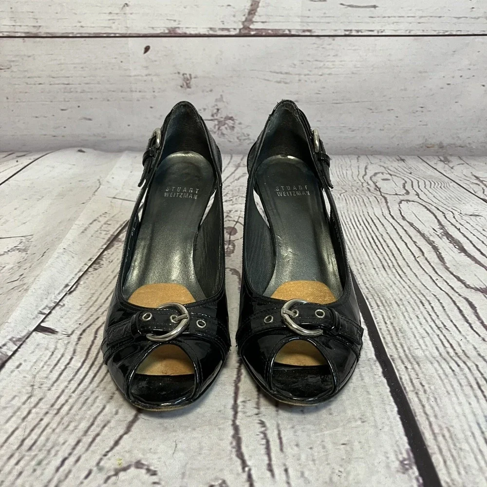 Stuart Weitzman Womens Pumps Size 6.5 Black Patent Leather Peep Toe Heels